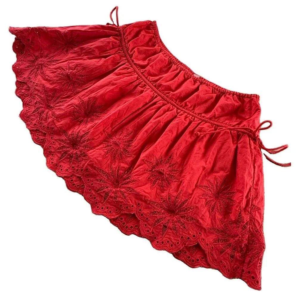 Free People Red Cotton Eyelet Mini Skirt Women Sz S Ruffle Tie Side Resort NWOT